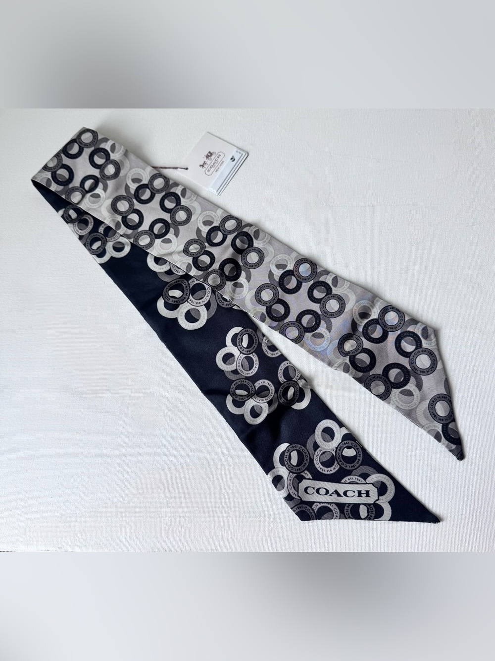 COACH Black & Gray %100 Silk Skinny pony Scarf Tie with Circular Motif
